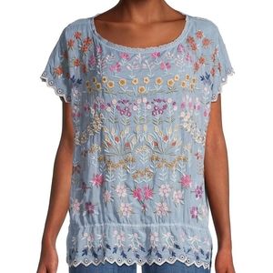 Johnny Was Anemone Floral Embroidered Top, NWT, Size M, Color Fog